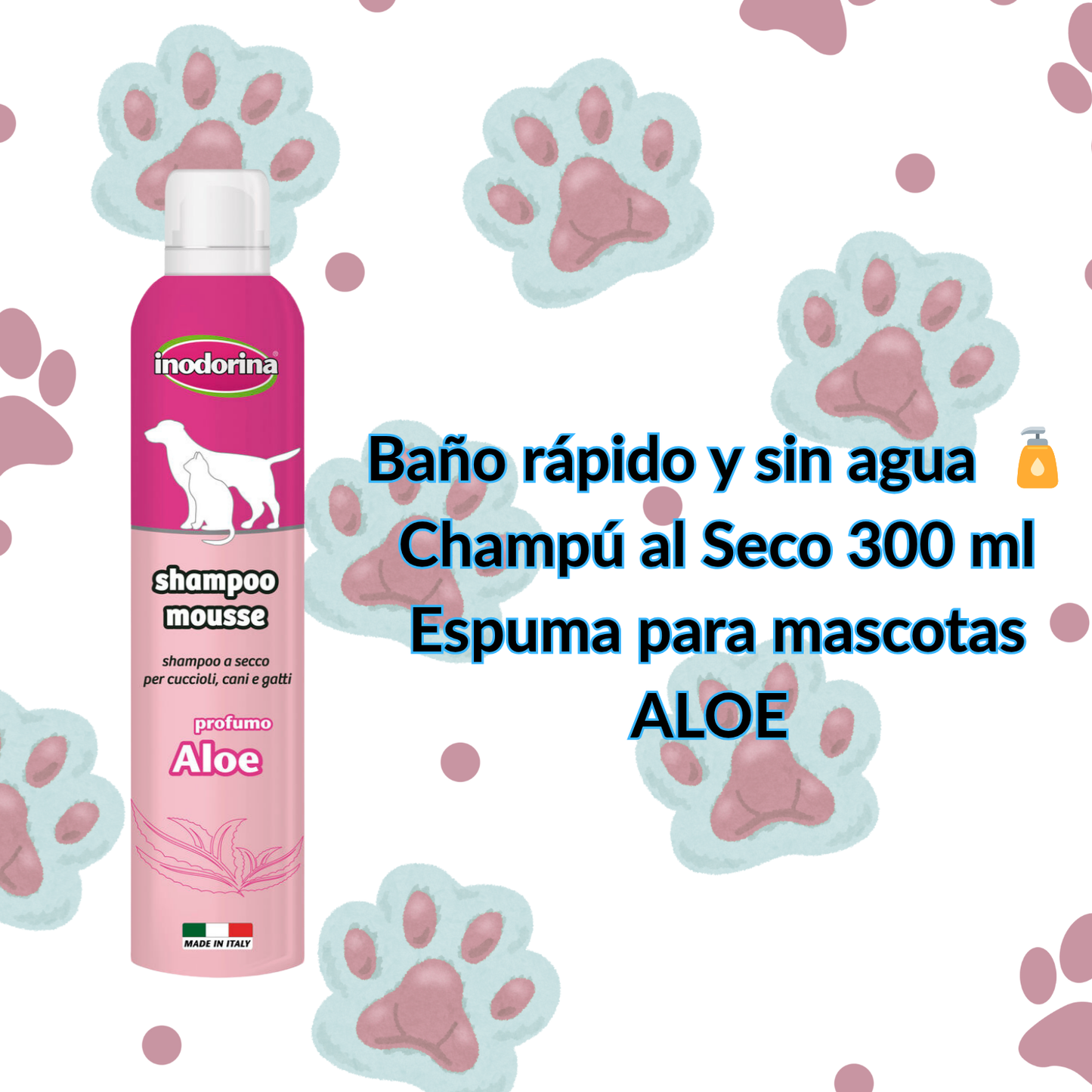 🧴Champú al Seco 300 ml Espuma Aloe Vera para hidratación efectiva a tus mascotas, marca Inodorina - Baño rápido y sin agua y con 50%DE DESCUENTO EN EL SEGUNDO! 🚚 ENTREGA RÁPIDA: DE 3 A 5 DÍAS HÁBILES