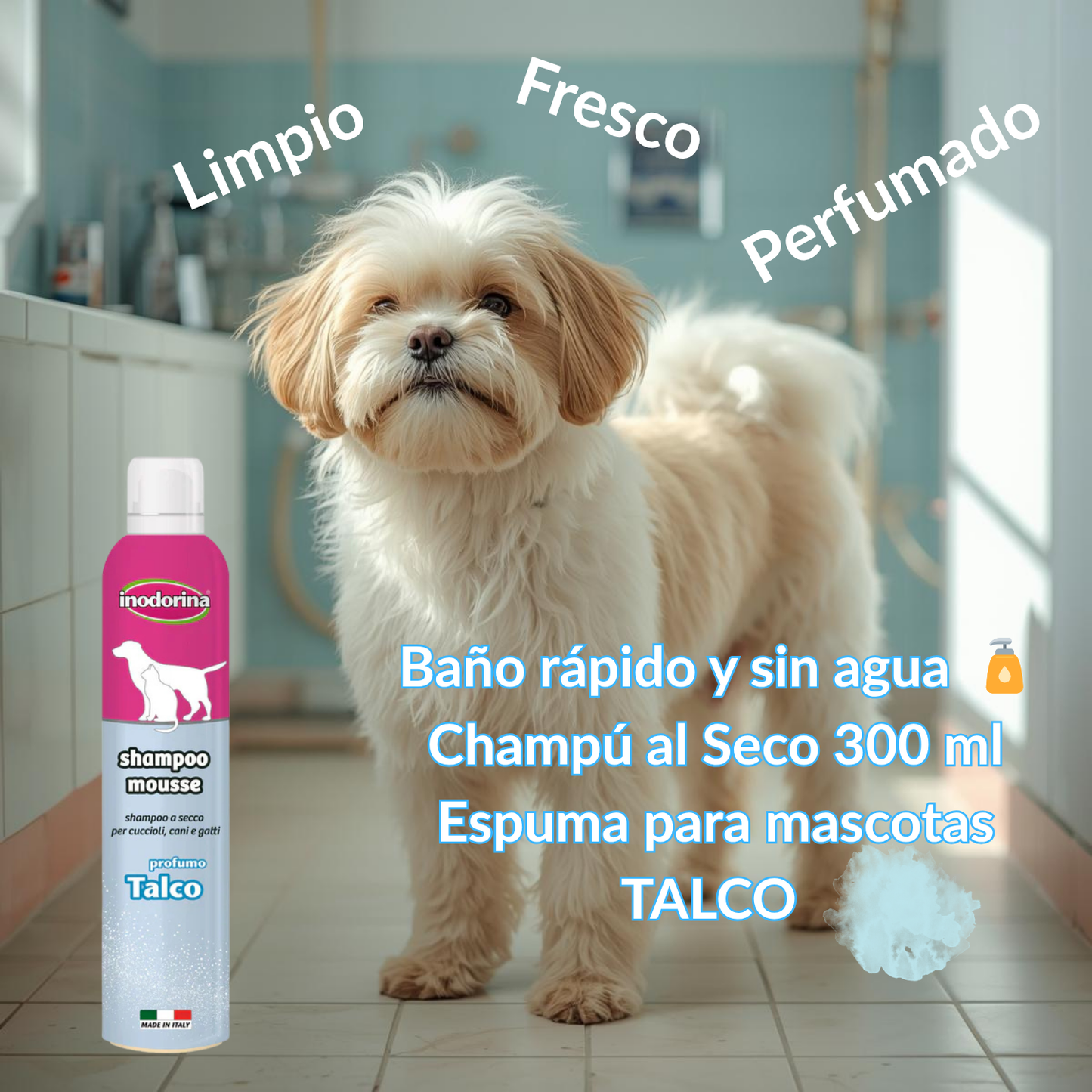 🧴Champú al Seco 300 ml Espuma de talco para mascotas Inodorina - Baño rápido y sin agua  con 50%DE DESCUENTO EN EL SEGUNDO!             🚚 ENTREGA RÁPIDA: DE 3 A 5 DÍAS HÁBILES