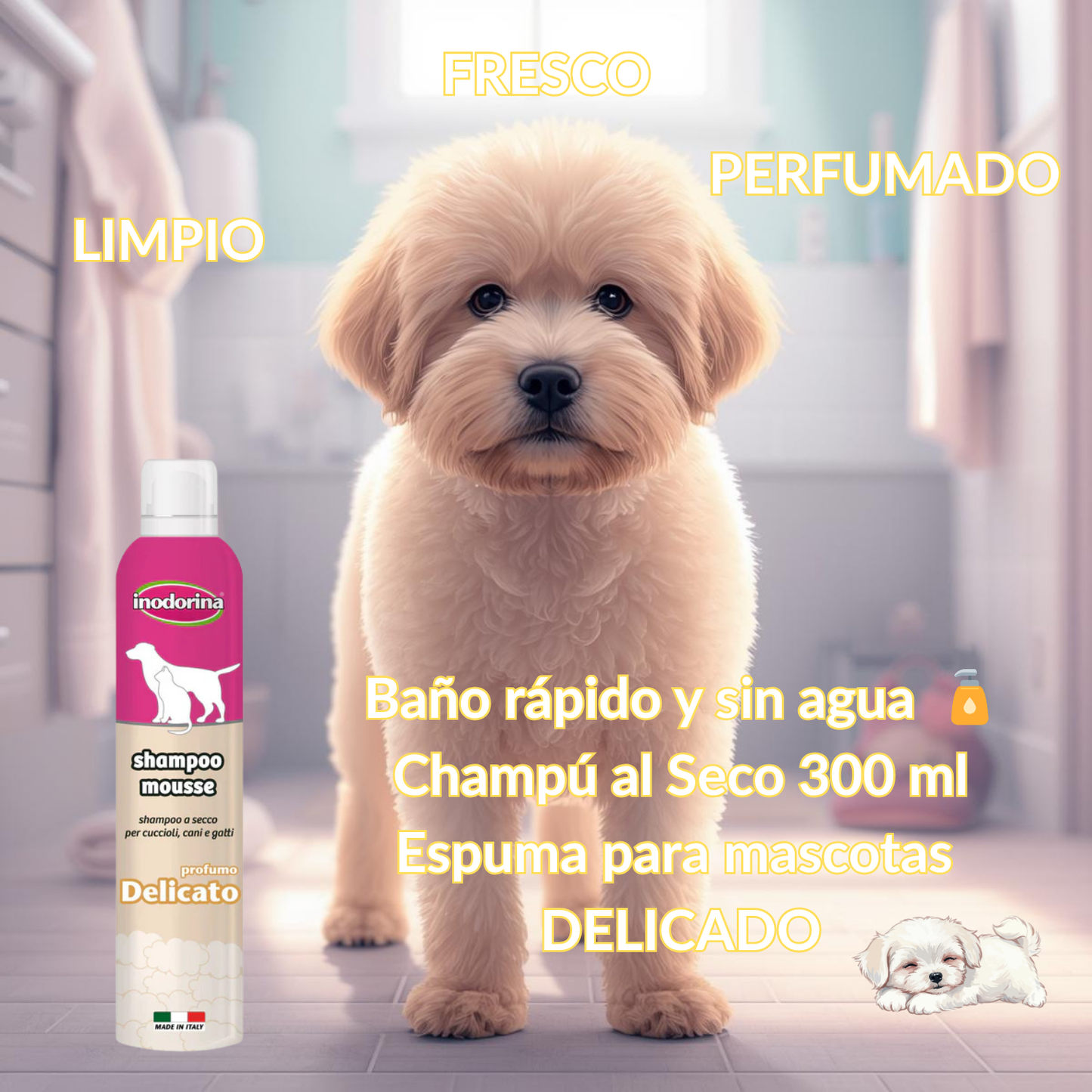 🧴Champú al Seco 300 ml Espuma de Aroma Delicado  para mascotas Inodorina - Baño rápido y sin agua  con 50%DE DESCUENTO EN EL SEGUNDO!             🚚 ENTREGA RÁPIDA: DE 3 A 5 DÍAS HÁBILES